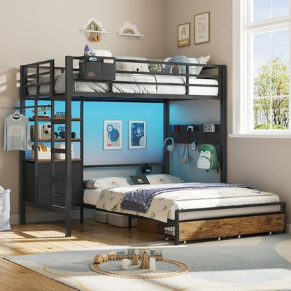 DICTAC Twin Over Full Bunk Bed with 4 Storage Drawers and 3-Tier Open Bookshelf Metal Bunk Bed with LED Lights,Charging Station and Pegboard,L-Shaped bunk Beds with Safety Guardrail and Ladder,Black - color: Black, size: Twin Over Full