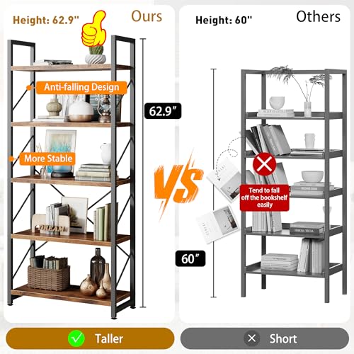 5 Tiers Bookshelf, Classically Tall Bookcase, Industrial Book Rack - color: Brown & Brown