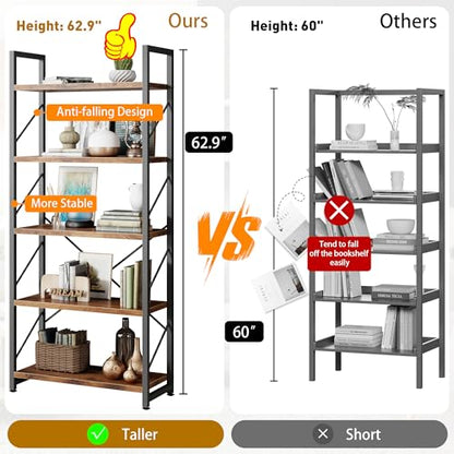 5 Tiers Bookshelf, Classically Tall Bookcase, Industrial Book Rack - color: Brown & Brown
