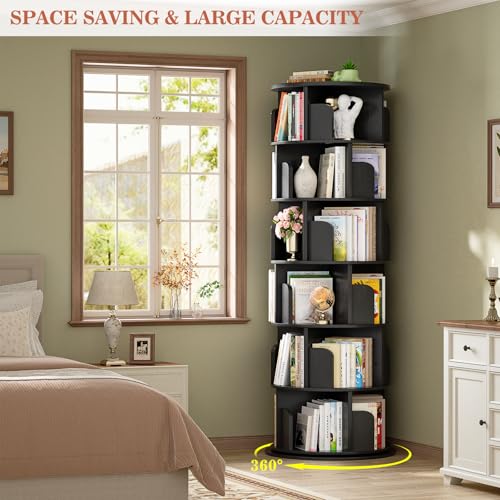 Aheaplus 5 Tier Wood Rotating Bookshelf, 360° Spinning Book Shelf Tower - color: Black, size: 6-Tier