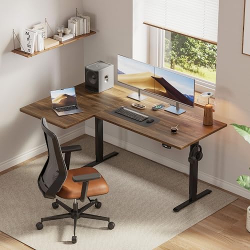 Klicelor L Shaped Standing Desk, 63 Inch Electric Height Adjustable Desk with Memory Preset, Reversible Sit Stand Up Computer Workstation for Home Office, Splice Board, Dark Walnut - color: Dark Walnut, size: 63 x 35 Inch