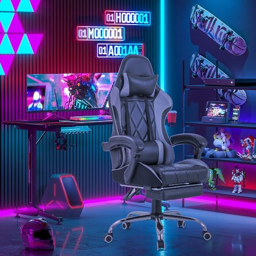 Homall Gaming Chair, Computer Chair with Footrest and Massage Lumbar Support, Ergonomic High Back Video Game Chair with Swivel Seat and Headrest (Grey) - color: Grey
