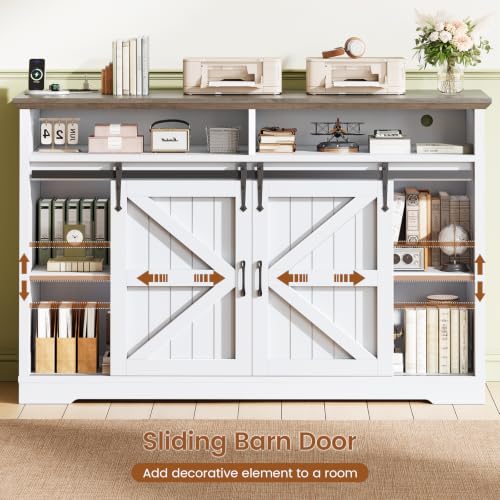 SEDETA 47.2" File Cabinet, 2 Drawers Filing Cabinets for Home Office fit Legal/Letter/A4 File, Farmhouse File Cabinet with Barn Door & Power Outlet, Printer Stand with Storage & LED Light, White+Grey - color: White+grey