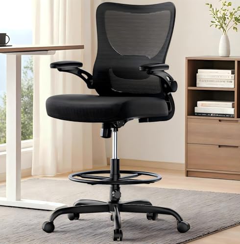 Marsail Drafting Chair, Tall Office Chair with 2D Lumbar Support, Standing Desk Chair,High Office Chair with Padded Flip-Up Armrests & Adjustable Footrest Ring, Dark | 2D lumbar support, padded flip-up armrests, 30.7 inch max seat height, breathable mesh