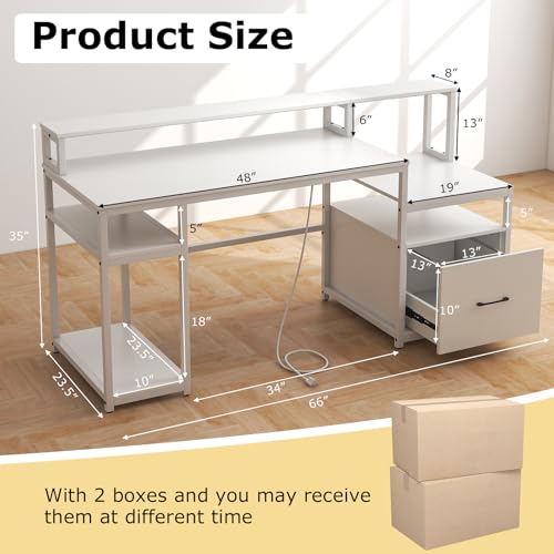 Tangkula Computer Desk with Power Outlets, 66” Computer Workstation with Monitor Stand, CPU Stand, Printer Shelf & File Drawer, Writing Table Gaming Desk for Home Office (White)