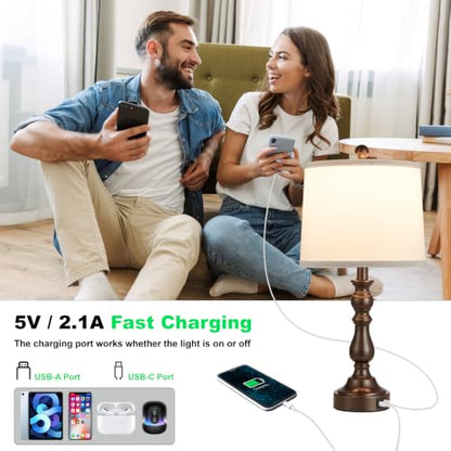 Brown Table Lamps Set of 2, Brown Lamps for Bedroom, USB C+A Ports - color: G. White Shade & Brown Base