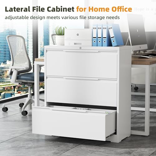 3 Drawer Metal Lateral File Cabinet with Lock for Home Office | 35.5 Inch Ultra Spacious Tabletop,330 LBS Max Weight Capacity,Fits Letter/Legal/F4/A4 Size,Fast Easy Assemble,White - color: White, size: 15.7"D x 35.4"W x 40"H（3 Drawers）