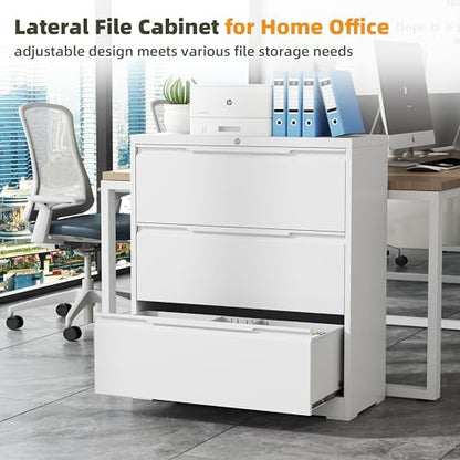 3 Drawer Metal Lateral File Cabinet with Lock for Home Office | 35.5 Inch Ultra Spacious Tabletop,330 LBS Max Weight Capacity,Fits Letter/Legal/F4/A4 Size,Fast Easy Assemble,White - color: White, size: 15.7"D x 35.4"W x 40"H（3 Drawers）