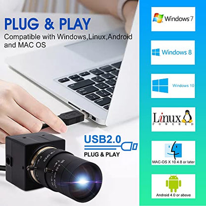 4K USB Camera, Ultra HD 2160P Webcam | 5-50mm 10X Optical Zoom Lens, Plug and Play for Video Conference, Compatible with Windows/macOS/Linux/Raspberry Pi - size: 5-50mm Varifocal Lens