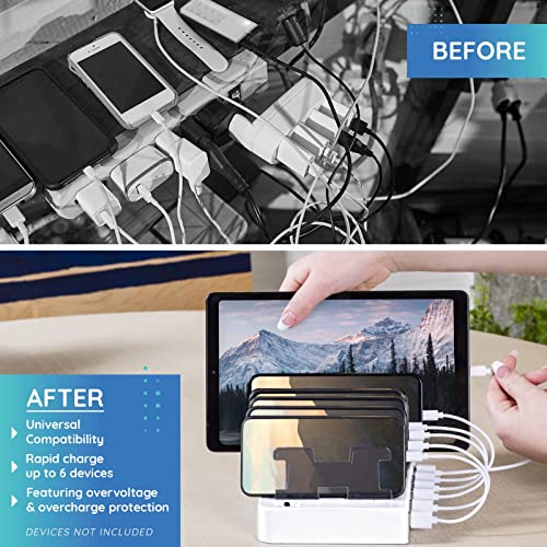 Fast Charging Station for Multiple Devices, 6-Port USB Charging Dock White | Smart IC Technology for Safe Charging, Organized storage, Works with Apple iPhone 14 and earlier & iPads, for home, office - color: White