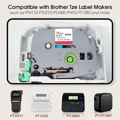 Compatible with Brother P Touch Red Tape TZe431 Black on Red 12mm 0.47 | TZe-431 Laminated Labels 12mm 0.47 Inch Replacement for Brother PTD210 PTD600 PTH100, 1/2 in x 26.2 Ft, 2-Pack - color: Black on Red, size: 12mm x 8m