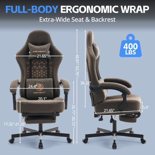 Desk Computer Gaming Chair - Ergonomic Game Office Chair with Extended Footrest and Massage Lumbar Support, Home Gamer Video Game Chairs with Spring Cushion for Adults (Pro Grey Leather) - color: Pro Grey Leather