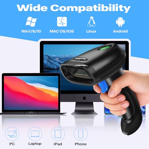 Bluetooth 1D&2D Barcode Scanner, 3-in-1 Bluetooth & USB Wired & 2.4G Wireless QR Barcode Reader, PDF417 Data Matrix Handheld Bar Code Scanner Work with Windows, Android, iOS (TM-10B) - color: Blue