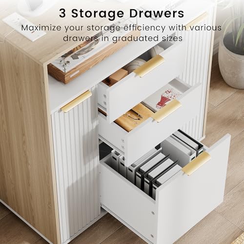 ModernMate Fluted Mobile File Cabinet with Charging Station | 37" Rolling Storage Cabinet with 3 Drawers, Printer Stand with Wheels for Home Office, Light Walnut - color: Light Walnut