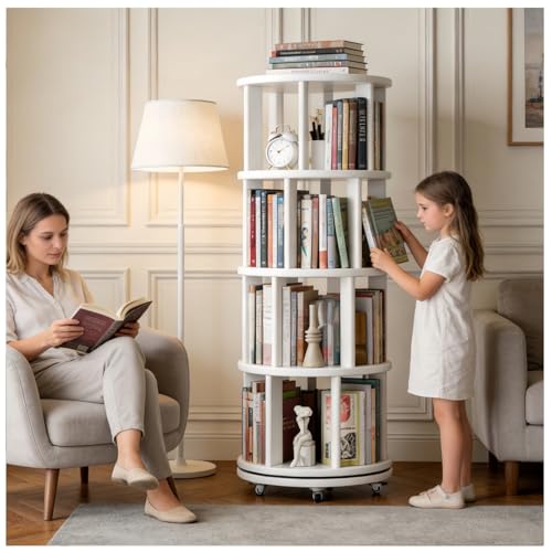 Solid Wood Rotating Round Bookshelf Towers with Wheels, White Revolving Bookcase 4 Tier 360° Wooden Book Shelf tall bookshelves, Narrow Rolling dvd Storage Rack,book storage,space saving(White - color: White, size: 4 Tier, 53.2"H
