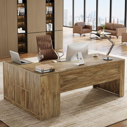 Tribesigns 71 Inch Executive Desk with Storage Cabinet, Large Office Desk L Shaped Computer Desk with Storage Shelves, Business Furniture Desk Workstation for Home Office, Rustic Brown
