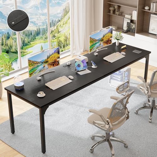 Unikito 78.7 Inch Computer Desk with Power Outelts, 2 Person Desk, Black | Extra Long Home Office Desk, Spacious Desktop, Large Simple Desk, Modern Study Writing Gaming Table Workstation - color: Black
