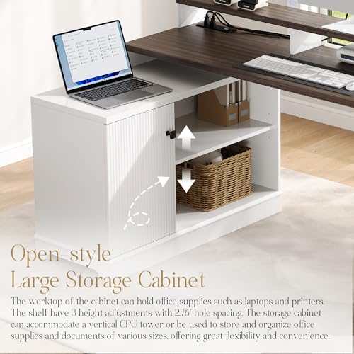 67" Farmhouse L Shaped Desk with Drawers and Printer Stand for Home Office, Computer Desk with Power Outlet, Home Office Desk with Storage Shelves and Monitor Stand, Computer Writing Desk, White