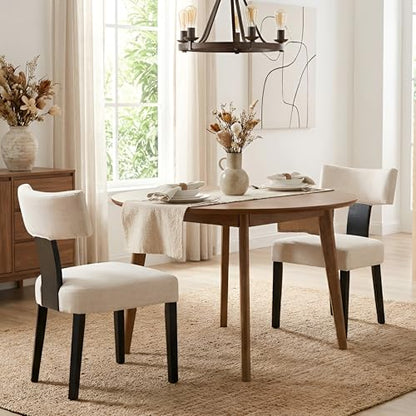 HNY Mid Century Modern Farmhouse Dining Chairs Set of 2, Linen Upholstered Accent Chair Curved Backrest Kitchen Chairs, with Black Hardwood Frame, Beige - color: Curved Black