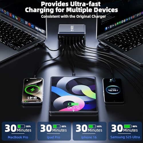 320W Fast Charging 8 Port USB C Charger Block, Multi-Device USB Charging Station Wall Desktop Charger with GaN Ⅲ Technology, USB-C Charger Adapter for MacBook/iPad/iPhone 16/Samsung Galaxy/DELL/HP - size: 320W