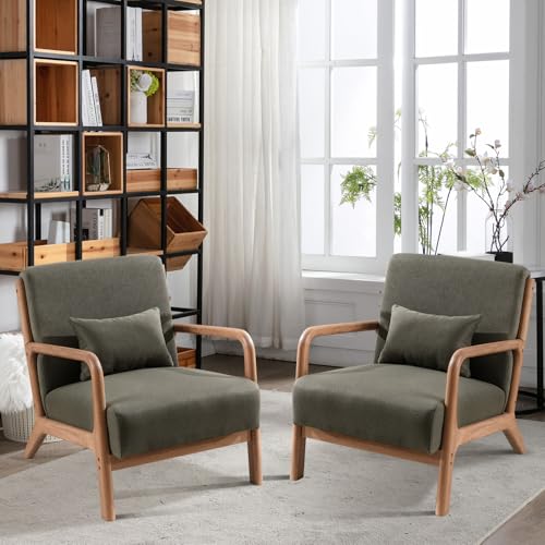 INZOY Mid Century Modern Accent Chair with Wood Frame, Upholstered Living Room Chairs with Waist Cushion, Reading Armchair for Bedroom Sunroom (Green) - color: A-blackish Green