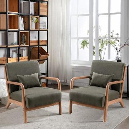 INZOY Mid Century Modern Accent Chair with Wood Frame, Upholstered Living Room Chairs with Waist Cushion, Reading Armchair for Bedroom Sunroom (Green) - color: A-blackish Green