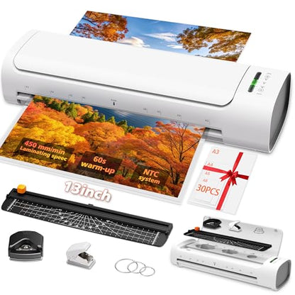 13 Inch Laminator Machine with 30 Laminating Sheets, A3 11-in-1 Hot & Cold Thermal Laminator for Teachers, 60S Fast Warm-Up, 450mm/min, Never-Jam Design Laminate for Home, Office, School -White