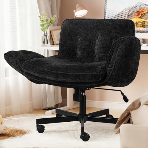 Criss Cross Chair with Wheels & Arms, Chenille Cross Legged Office Chair with 5-level Folding Armrest, Comfortable Adjustable Swivel Vanity Chair for Home, Make Up, Bed Room, Office, Accent (Black). - color: Black, style: Modern
