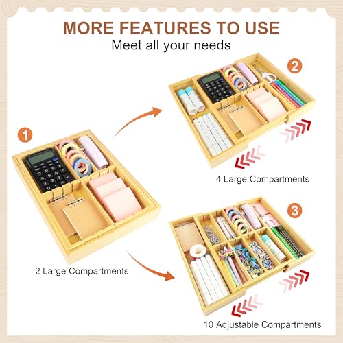 TREWAVE Bamboo Desk Drawer Organizer, Expandable Drawer Organizer Tray | 12.6" - 15.6" Wide, with Adjustable Dividers, Wooden Storage Organizers for Office Supplies, Crafts, Makeup & Kitchen Cutlery