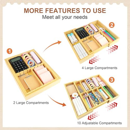 TREWAVE Bamboo Desk Drawer Organizer, Expandable Drawer Organizer Tray | 12.6" - 15.6" Wide, with Adjustable Dividers, Wooden Storage Organizers for Office Supplies, Crafts, Makeup & Kitchen Cutlery