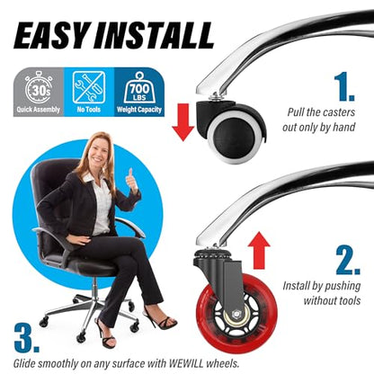 WEWILL Office Chair Wheels - Rubber Casters Replacement Universal Fit 98% Chair(Set of 5) Heavy Duty 3 Inch Smoothly & Quietly Safe for All Floor, Hardwood, Tile, Carpet, Noise Free - Red - color: Red
