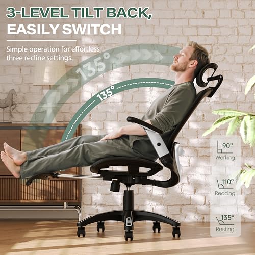 GABRYLLY Ergonomic Office Chair with Footrest, High Back Home Desk Chair - 3D Headrest, Flip-Up Arms, 135° Tilt and Wide Cushion, Heavy Duty Mesh Chairs for Task Computer Gaming, GYB01-FT - color: Obsidian Black