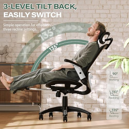 GABRYLLY Ergonomic Office Chair with Footrest, High Back Home Desk Chair - 3D Headrest, Flip-Up Arms, 135° Tilt and Wide Cushion, Heavy Duty Mesh Chairs for Task Computer Gaming, GYB01-FT - color: Obsidian Black