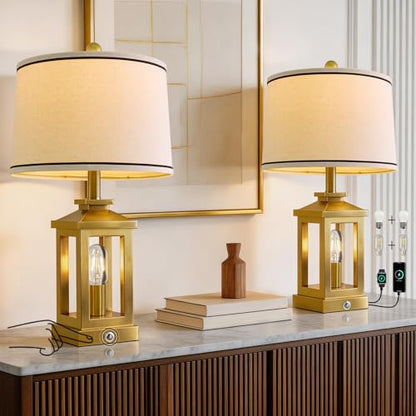 Modern Table Lamps Set of 2 for Living Room 23.75" Bedroom Nightstand Lamps | Touch Lamps with Three-level Dimming Nightlight, Bulbs Included, USB Charging Ports, Gold Modern Bedside Side Table Lamp - color: Metal Gold