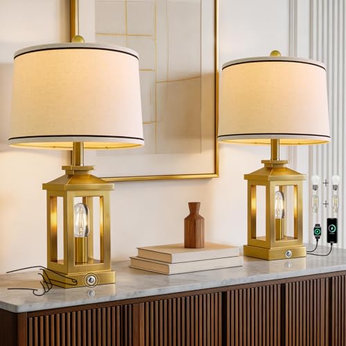 Modern Table Lamps Set of 2 for Living Room 23.75" Bedroom Nightstand Lamps | Touch Lamps with Three-level Dimming Nightlight, Bulbs Included, USB Charging Ports, Gold Modern Bedside Side Table Lamp - color: Metal Gold