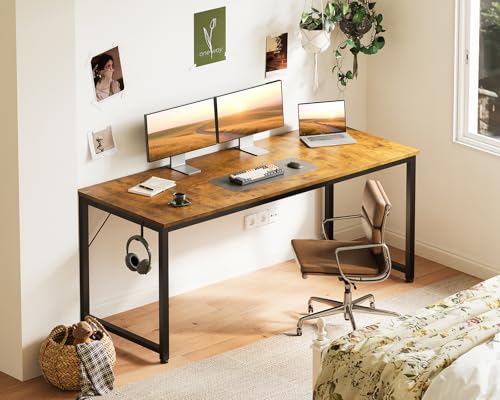 Casaottima 63 Inch Computer Desk for Home Office, Study Writing Table for Small Spaces, Simple Modern Desk with Headphone Hooks, Rustic Brown - size: 63 inch