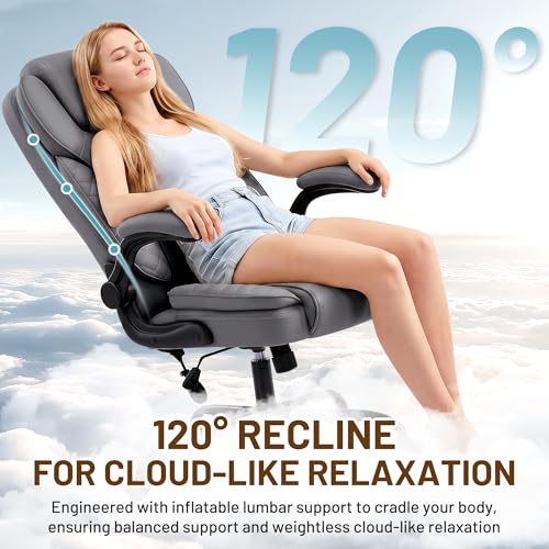 Ergonomic Office Chair, PU Leather High Back Executive Chair with Adjustable Inflatable Lumbar Support and Padded Flip-Up Arms, Recline Swivel Task Computer Chair for Home Office, Gray - color: Grey
