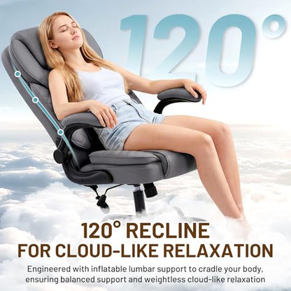 Ergonomic Office Chair, PU Leather High Back Executive Chair with Adjustable Inflatable Lumbar Support and Padded Flip-Up Arms, Recline Swivel Task Computer Chair for Home Office, Gray - color: Grey