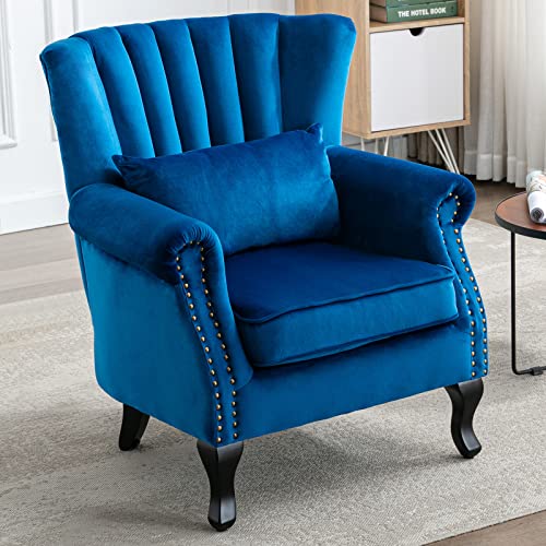 LZAREAL Accent Reading Arm Chairs Midcentury Modern Comfy Corner Sofa Chair, Wingback Waiting Room Club Chair with Tufted Back for Living Room/Bedroom/Reception Room, Velvet Blue - color: Blue, size: 1 Chair