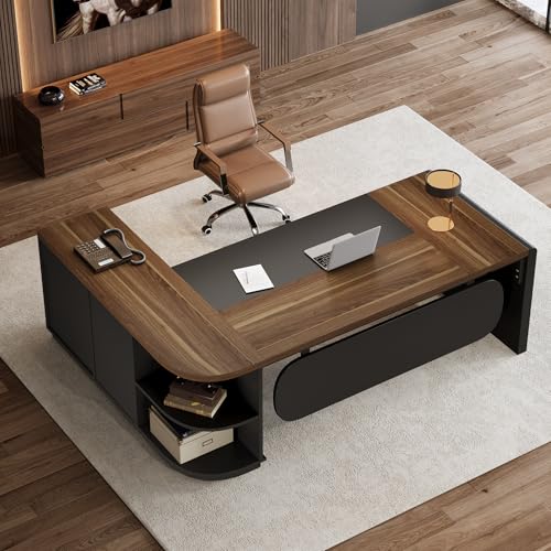 Tribesigns 81-Inch L-Shaped Office Desk, Large Commercial Office Desk with Drawers and File Cabinet, Modern Professional Business Furniture Workstations with Storage Shelves, Brown & Black - color: Brown & Black