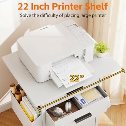 Mexin 3 Drawer File Cabinet with 22'' Extended Desktop, Mobile Filing Cabinet, Printer Stand, Rolling Printer Stand with Side Bag, Fabric Drawer, Fits A4 Size, Home Office, White - color: White