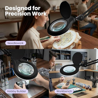 Neatfi LED Bifocal Magnifying Lamp 1,200 Lumens – 5” Glass Lens, Dual Magnification 3X/6X, Dimmable Task Light | Adjustable Arm with Clamp | Crafting, Jewelry & Reading (8 Diopter + 20 Diopter, Black) - color: Black, size: 8 Diopter + 20 Diopter
