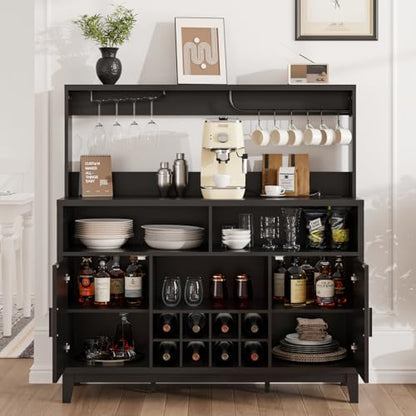 Fluted Buffet Cabinet with Storage, Modern Coffee Bar Cabinet, Black - color: Black, size: Coffee Bar - 15.6"D x 47.2"W x 49.6"H