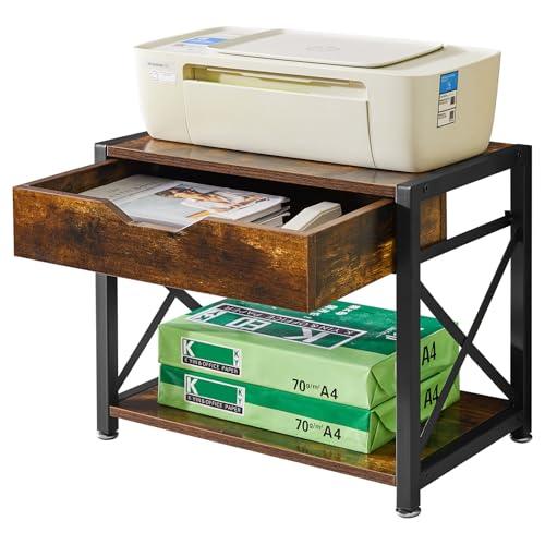 IBUYKE 2 Tier Desktop Printer Stand,Multi-Purpose Desk Organizer,Wooden Printer Stand with Drawer Storage for Folders,Books,for Fax Machine, Scanner,Home Office,Rustic Brown TLJ012H