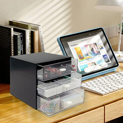 Desk Organizer with Drawer, Desk Storage Box, Plastic Office Stationery Supplies Organizers, Desktop Organizer for Office School Home (3 drawer, Black) - style: 3 drawer