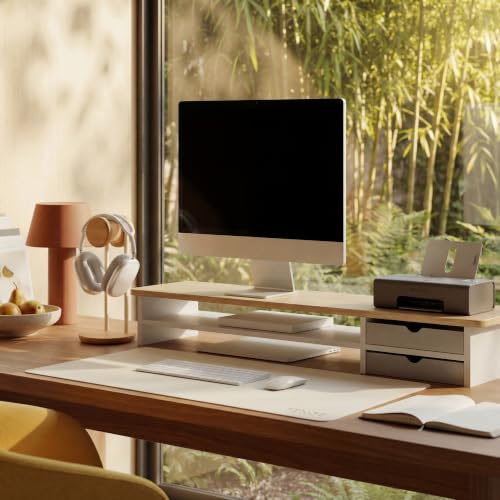 Fenge Monitor Stand, Desk Computer Riser with Frosted Storage Drawer, Oak - color: Oak