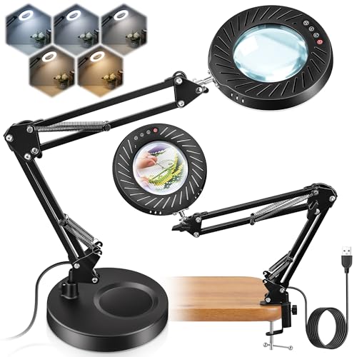 12X Magnifying Glass with Light and Stand | 9 Dimmable Brightness, 5 Color Modes, Hands Free Magnifying Lamp with Clamp for Craft Painting Sewing Hobby Close Work
