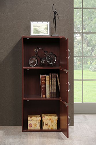 Hodedah 3-Shelf, 3-Door Bookcase in Mahogany - color: Mahogany