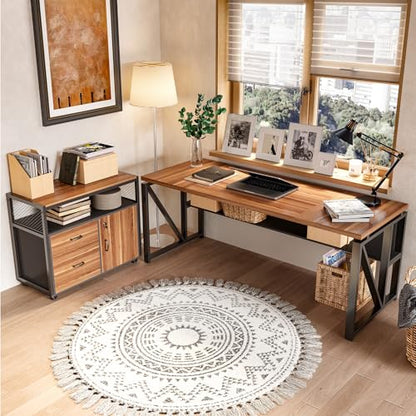 LITTLE TREE 63-Inch Office Desk with 31.5-Inch Lateral File Cabinet, Study Writing Desk Computer Desk for Home Office - color: Brown