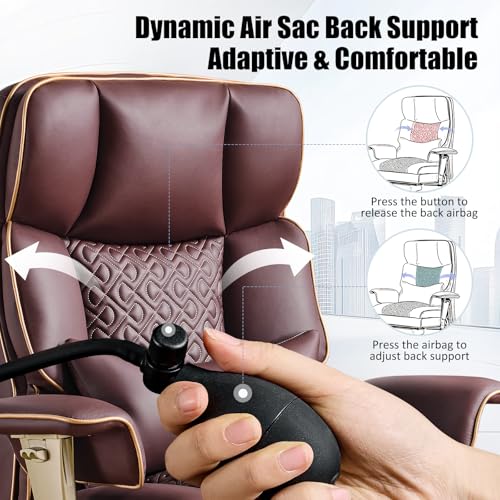 Executive Desk Chir with Adjustable Air Back Support, Luxury Ergonomic PU Leather Office Chair with Lumbar Massage High-Back 3-Level Tilt 360° Swivel Silent Wheels Height Adjustment,Footrest, Brown - color: Brown